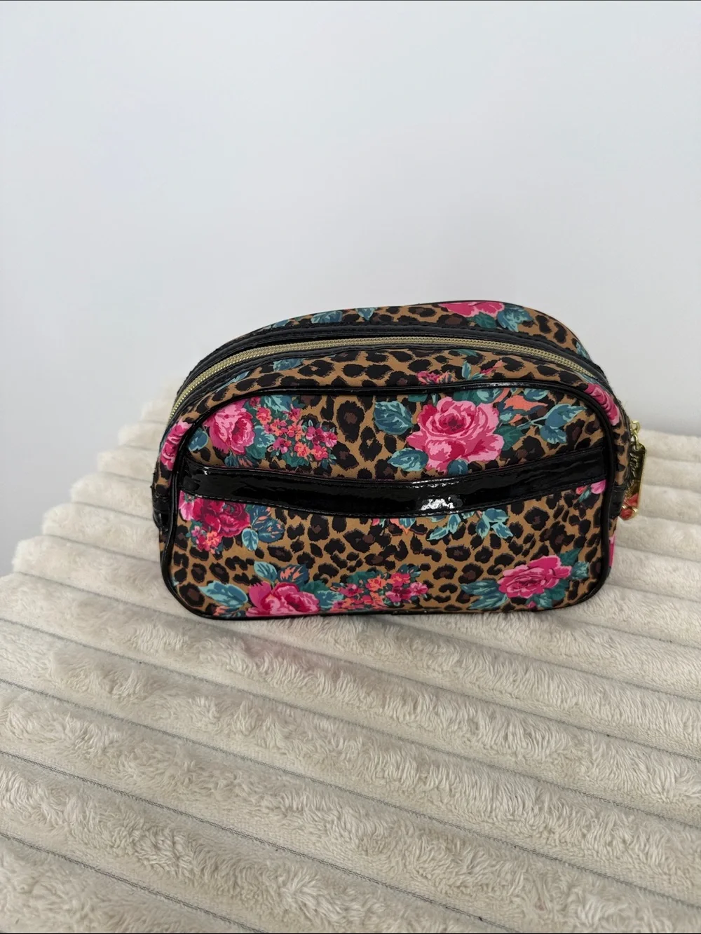 Betsey Johnson Leopard Floral Cosmetic Pouch - Pink, Teal & Brown
